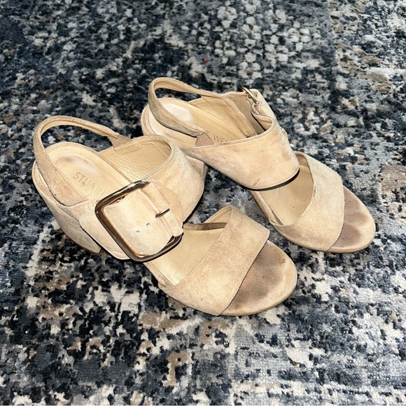 Stuart Weitzman Suede Block Heel Sandals SoHo Tan - Picture 2 of 9